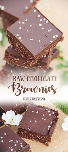 raw chocolate brownies cut into squares and stacked on top of each other