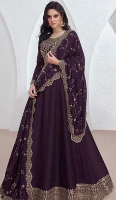 Silk Embroidered Party Wear Readymade Salwar Suit In Dark Purple - 9732189125 Plazo Suits For Wedding, Purple Anarkali, Plazo Suits, Suits For Wedding, Drashti Dhami, Bollywood Party, Churidar Suits, Kurti Designs Latest