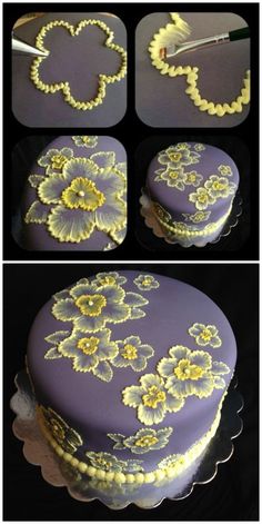 four pictures show how to decorate a cake with yellow flowers on the top and bottom