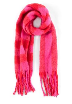 L 73" × W 16"Fringe 6" Red Plaid Scarf, Red Fringe, Pink Scarves, Red Scarves, Pink And Red, Fringe Trim, Pink Plaid, Long Scarf, Red Plaid