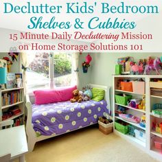 a child's bedroom with shelves and cubbies