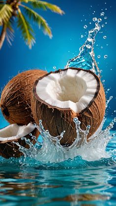 two coconuts splashing into the water with palm trees in the background