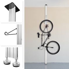 there is a bike hanging on the wall with wheels attached to it and two other images below