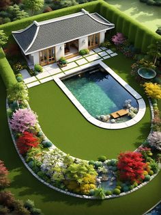 an aerial view of a house with a swimming pool in the center and landscaping around it