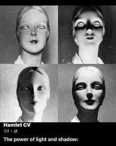 four different types of female mannequins with their eyes closed and mouths open