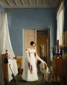 a painting of a woman in a white dress standing next to a bed and chair