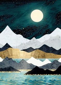 a painting with mountains and the moon above it