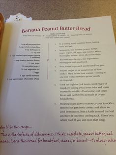 the recipe for banana peanut butter bread is shown in red and white letters on a piece of paper