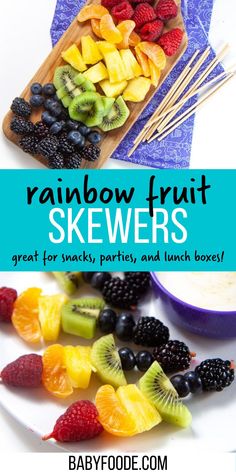 rainbow fruit skewers on a plate with berries, kiwis and lemons