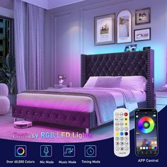 an advertisement for a bedroom with purple lighting on the bed and remote control next to it