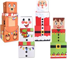 several boxes with christmas decorations on them and santa clause in the middle one has his head out