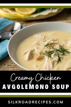 creamy chicken avgolemono soup in a white bowl