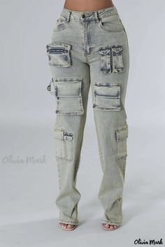 Olivia Mark - Mid-Waist Straight Denim Jeans with Patchwork, Zipper Closure, Buttons, and Pockets for a Casual Yet Polished Look Best Jeans For Women, Straight Denim Jeans, Stretch Denim Pants, Style Cargo, Stretchy Jeans, Footwear Design Women, Best Jeans, Washed Denim, Style Streetwear