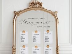 a gold framed mirror with seating cards attached to the front and back of it that says, where you're at