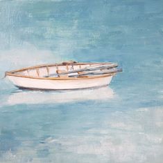 a painting of a boat floating on the water with blue sky and clouds in the background