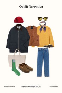 This Casual Winter Outfit features a waxed coverall jacket, shetland sweater and washed blue jeans with suede loafers. Amping up the style cool sunglasses, a bandana and a colourful beanie complete the look with a perfect blend of casual menswear and ivy style Ootd With Jacket, Fisherman Beanie Outfit, Men's Winter Outfits, Bandana Outfit, Alden Shoes, Beanie Outfit