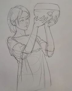 a drawing of a woman holding a fish bowl in one hand and looking at it