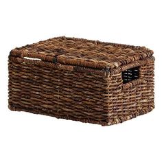 a brown wicker storage basket with handles