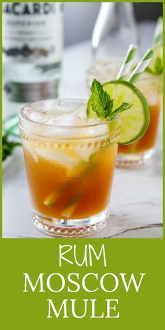 rum moscow mule recipe with lime and mint garnish on the rim, served in small glasses