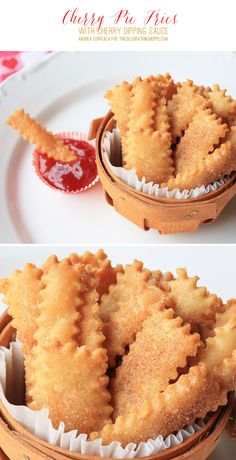 two pictures of food in small baskets on a plate with sauces and ketchup