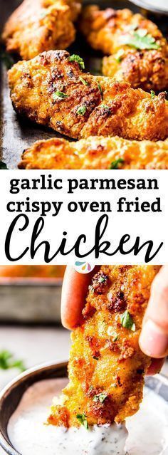 a person dipping some food into a pan with the words garlic parmesan crispy oven fried chicken