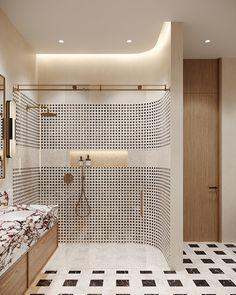 a bathroom with black and white checkered flooring on the walls, two sinks and a shower