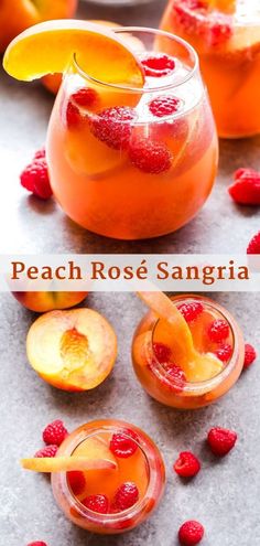 peach rose sangria is served in small glasses and garnished with raspberries