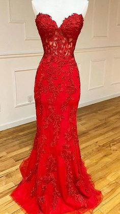 Open Back Mermaid Strapless Red Lace Long Prom Dresses with Train, Mermaid Red Formal Dresses, Red Lace Evening Dresses SP2388 Red Formal Dresses, Prom Dress With Train, Strapless Prom Dress, Homecoming Party, Strapless Prom Dresses, Mermaid Prom Dress, Custom Prom Dress, Satin Tulle, Lace Prom Dress