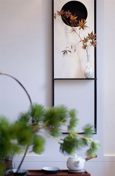 a white vase sitting on top of a wooden table next to a plant in a vase