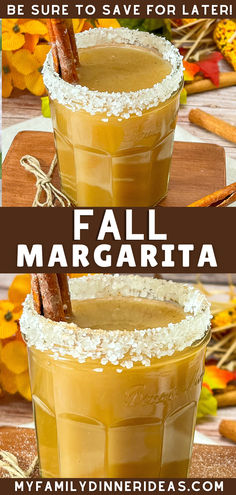 two glasses filled with fall margaritas on top of a cutting board next to cinnamon sticks