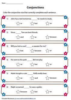 the worksheet for conjunctions with stars and flowers on each page, which is also