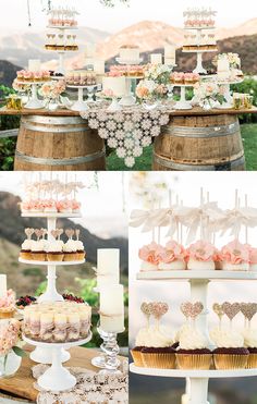 the dessert table is set up with cupcakes and cakes