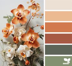 an orange and white flower arrangement in front of a color palette with the same colors