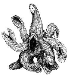 a drawing of an octopus with its mouth open and hands extended in front of it