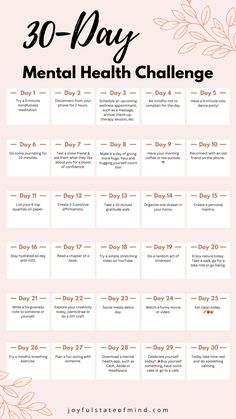 Looking for a way to feel better and stress less? Join our 30-Day Mental Health Challenge! Small actions, big impact. Let's prioritize self-care and well-being together! 💖 30 Days Health Challenge, 30 Days Mental Health Challenge, Health Challenge 30 Day, 30 Day Wellness Challenge, 30 Day Mental Health Challenge, Mental Health Challenge, Mental Health Plan, Types Of Mental Health, Positivity Challenge