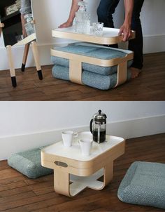 two pictures of a table with towels and cups on it