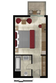 an overhead view of a floor plan for a bedroom and living room in a small apartment