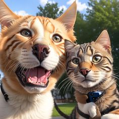 two cats standing next to each other with their mouths open