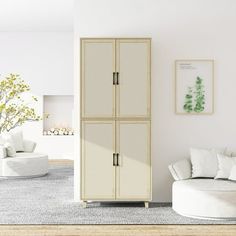 a living room filled with furniture and a white couch in front of a tall cabinet