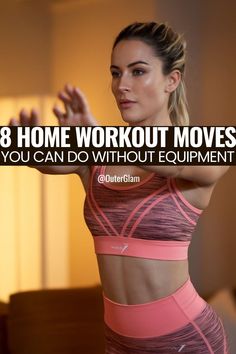 a woman in a pink sports bra top with the words 8 home workout moves you can do without equipment