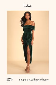 An evening of magic awaits you in the Lulus I'm Enchanted Emerald Green Velvet Off-the-Shoulder Maxi Dress! This gorgeous stretch velvet maxi has a folded over off-the-shoulder neckline (with hidden no-slip strips) that continues into short sleeves. High, banded waist flows into an overlapped tulip maxi skirt. Hidden side zipper/clasp. Fit: This garment fits true to size. Length: Ankle length. Size medium measures 49" from top to bottom. Bust: Great for any cup size. Waist: Fitted - very fitted at natural waist. Hip: Fitted - stretchy fabric allows room for hips. Undergarments: May be worn with a strapless bra, adhesive bra, petals, or no bra. Fabric: Fabric has some stretch. Lined To Mid-Thigh. Dress Measures 9" Longer At Back. Shell: 95% Polyester, 5% Spandex. Lining: 100% Polyester. Han Velvet Formal Dress Lulus, Lulus Emerald Green Dress, Green Velvet Dress Off Shoulder, Green Velvet Dress Long Lulus, Green Velvet Off The Shoulder Dress, Dress Elegant Short, Emerald Green Velvet, Emerald Green Dresses, Velvet Maxi