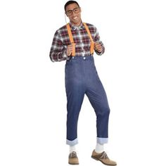 a man wearing overalls and suspenders is standing