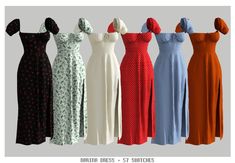 six dresses in different colors and sizes