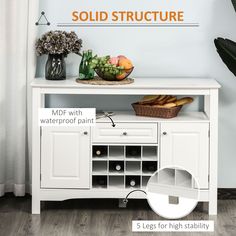 a white buffet table with wine bottles and fruit on it, labeled sold structure mdf with waterproof paint 5 legs for high ability