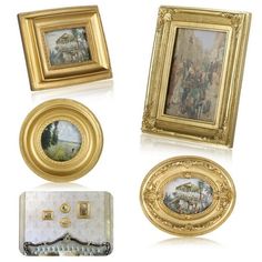 an assortment of framed and unframeed art pieces, including two gold frames with paintings on them