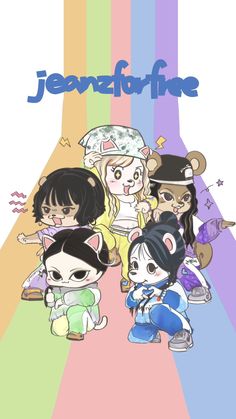 some anime characters are standing together in front of a rainbow colored background with the words, jevenofie