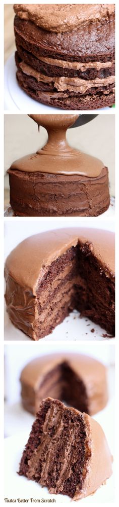 three different pictures of a chocolate cake