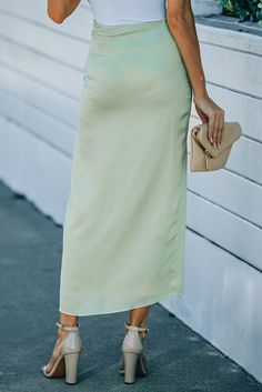 Green Drawstring Side Split High Waist Long Skirt Trendy Solid Color Summer Skirt, Drawstring Midi Skirt For Summer, Solid Color Mini Skirt For Summer, Summer Solid Color Mini Skirt, Spring Long Skirt With Drawstring, Non-stretch Summer Pencil Skirt, Non-stretch Pencil Skirt For Summer, Spring Drawstring Long Skirt, Summer Stretch Maxi Skirt Solid Color