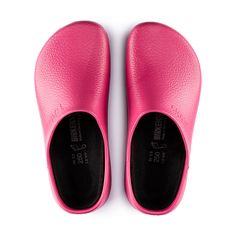 Women's Birkenstock Prof Super Birki - Raspberry Sorbet This compact shoe made from water-resistant and dirt-repellent polyurethane is also oil- and grease-resistant. This extremely resilient material is washable at up to 60° Celsius and can be efficiently disinfected. Its resilience and its hygiene properties make it ideal for kitchens, medical environments, and the food industry – while it can equally serve as a practical garden clog. The anatomically shaped cork-latex footbed is lined with a Pink Flat Non-slip Clogs, Comfortable Red Slip-on Clogs, Pink Slip-on Flats With Rubber Sole, Pink Non-slip Comfortable Slippers, Playful Pink Non-slip Slippers, Super Birki, Garden Clogs, Raspberry Sorbet, Comfy Shoes