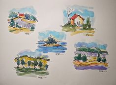 four watercolor drawings of houses and trees on a white paper with blue sky in the background